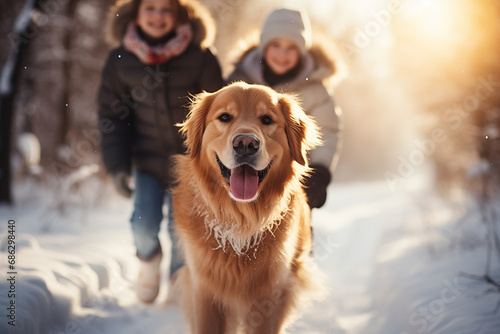 Happy family walking their pet golden retriever in the winter forest outdoors. Active Christmas winter holidays.