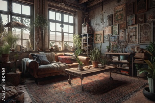 Interior of living room in a house in Bohemian style. © tynza