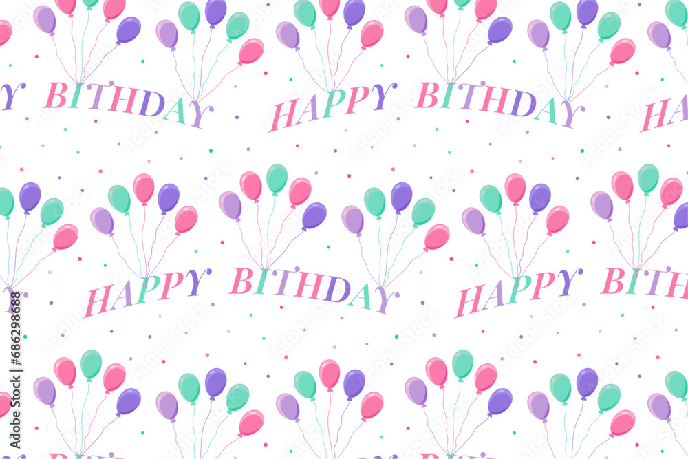 Birthday seamless pattern with balloons and confetti, vector.