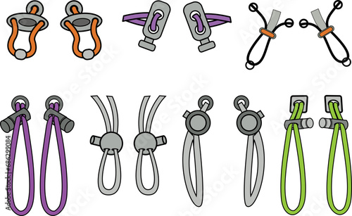Drawstring cord stopper flat sketch vector illustrator. Set of Draw string lock slider toggles fastener for bags, back backs, jackets, Shorts. Plastic Drawcord lock end toggle to pulled or tighten