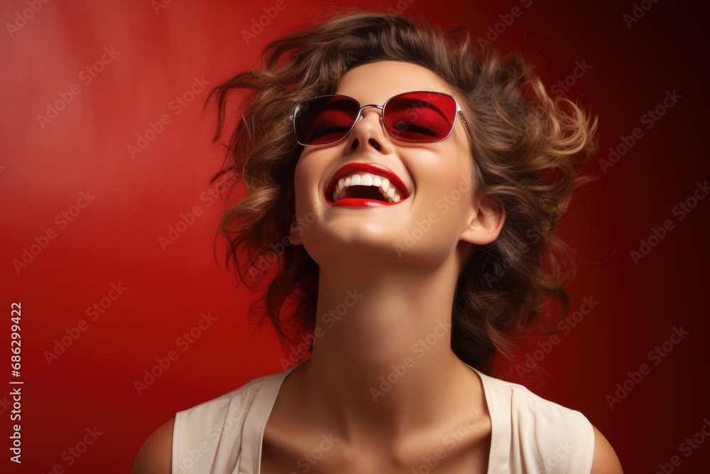 Excited female model smiling happily on red background. AI Generated