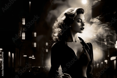 Portrait of a beautiful fashionable woman with a hairstyle, in a city street, at night, car, road and moon. Photo in the style of 1960