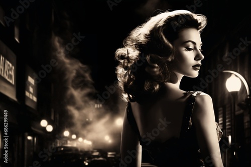 Portrait of a beautiful fashionable woman with a hairstyle, in a city street, at night. Black and white photo in the style of 1960