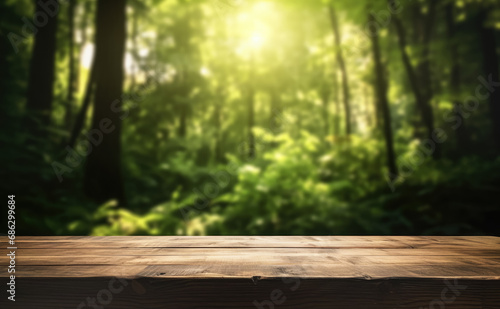 Empty rustic old wooden boards table copy space with blurred calm forest background. Product display template. Generative AI