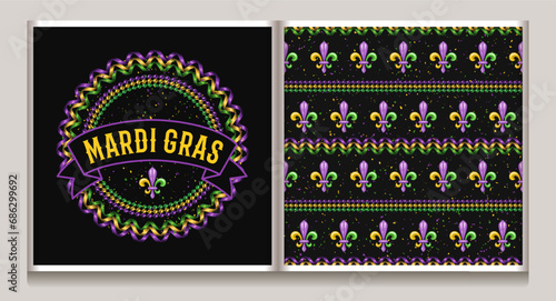 Pattern, circular label with strings of beads, party streamer, fleur de lis sign, ribbon, text. Vintage illustration for Mardi Gras carnival. For prints, clothing, t shirt, holiday goods, stuff design