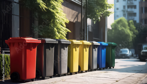 Bins for separate garbage collection on a clean street , Environmental eco safe Conservation