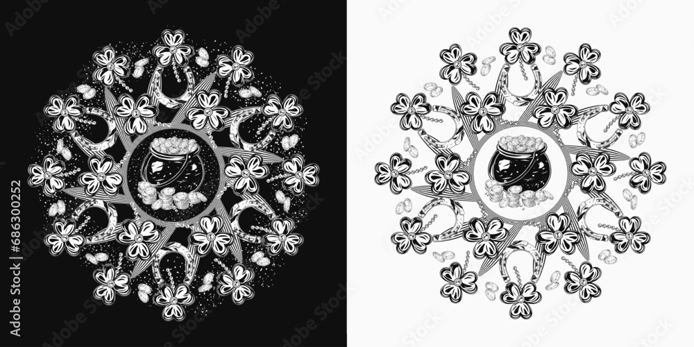 Circular St Patricks Day pattern like mandala with horseshoes, dust, particles, clover leaf, pot full of treasures. For prints, clothing, t shirt, plate, surface design. Vintage style Circular St Patricks Day pattern like mandala with horseshoes, dust, particles, clover leaf, pot full of treasures. For prints, clothing, t shirt, plate, surface design. Vintage style