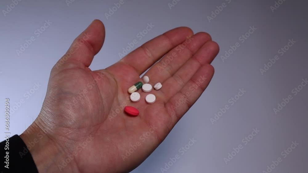 Men's hand holding pills of different colors and shapes Men's hand holding pills of different colors and shapes