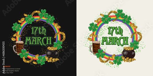 Circular St Patricks Day label with pot full of gold treasures, golden horseshoes, green clover leaves, rainbow frame, glass of dark beer. Text graphic style included Vintage style