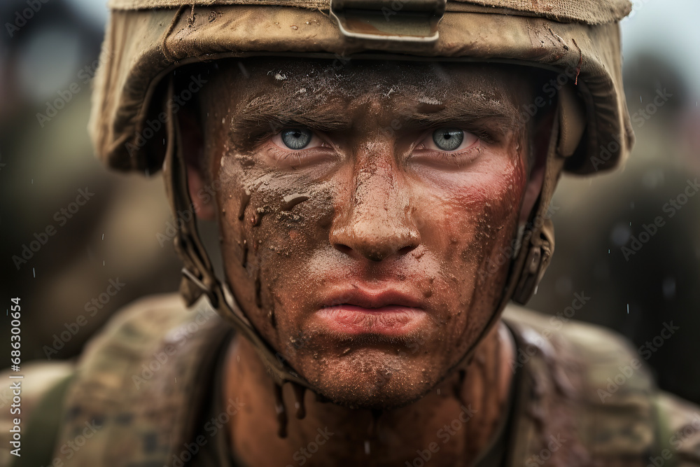 the soldier has his head covered in mud and is looking at the camera. 