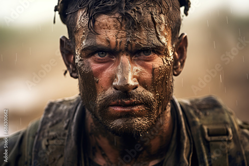 the soldier has his head covered in mud and is looking at the camera.  photo