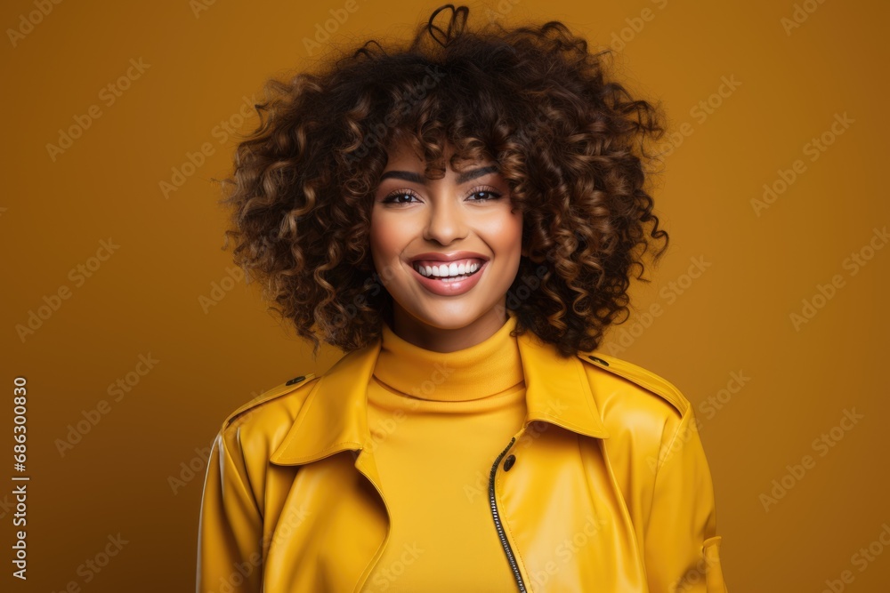 Excited female model smiling happily on yellow background. AI Generated Excited female model smiling happily on yellow background. AI Generated
