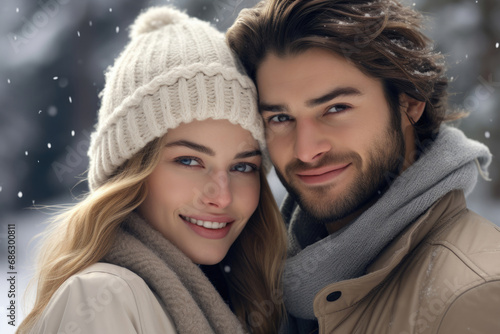 Young happy loving couple in the winter