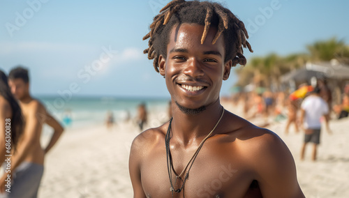 Dark skin handsome man smiling on the beach.
