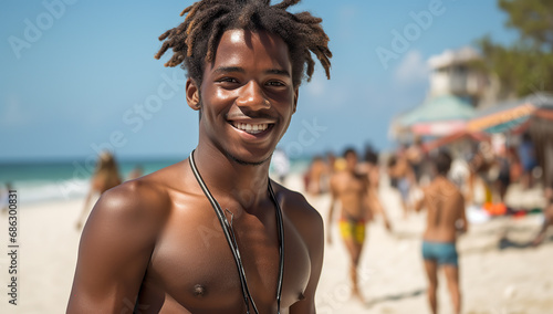 Dark skin handsome man smiling on the beach.