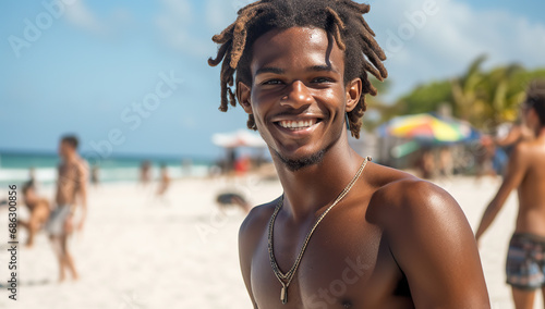Dark skin handsome man smiling on the beach.