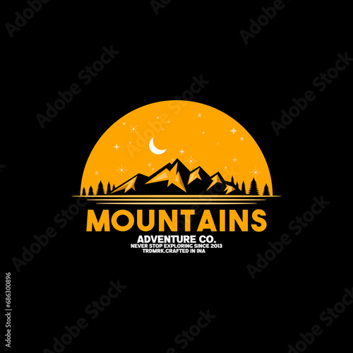 elegant royal luxury vector of mountain hill peak rocky ice top mount landscape beautiful night midnight moon stars nature view with shield stamp label badge emblem patch logo design inspiration
