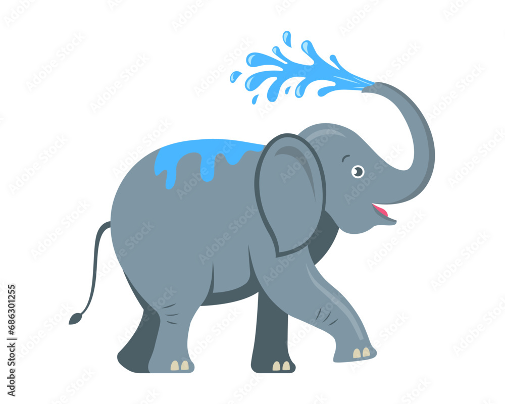 the elephant pours water on itself. flat vector illustration
