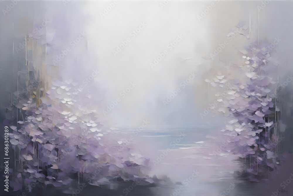A serene dreamscape in shades of misty grays and soft lavender, where ethereal forms emerge from the depths of the canvas.