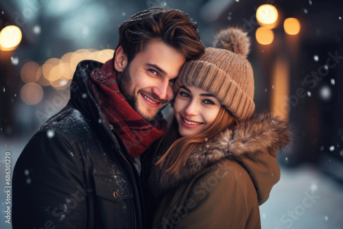 Young happy loving couple in the winter