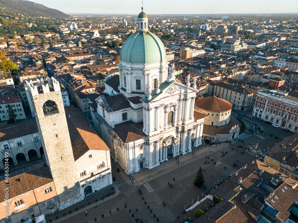 Italy November 30, 2023 - aerial view from the drone of the Duomo Di Brescia, the lioness of Italy, in Lombardy