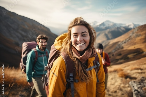 front photo of friends hiking happily