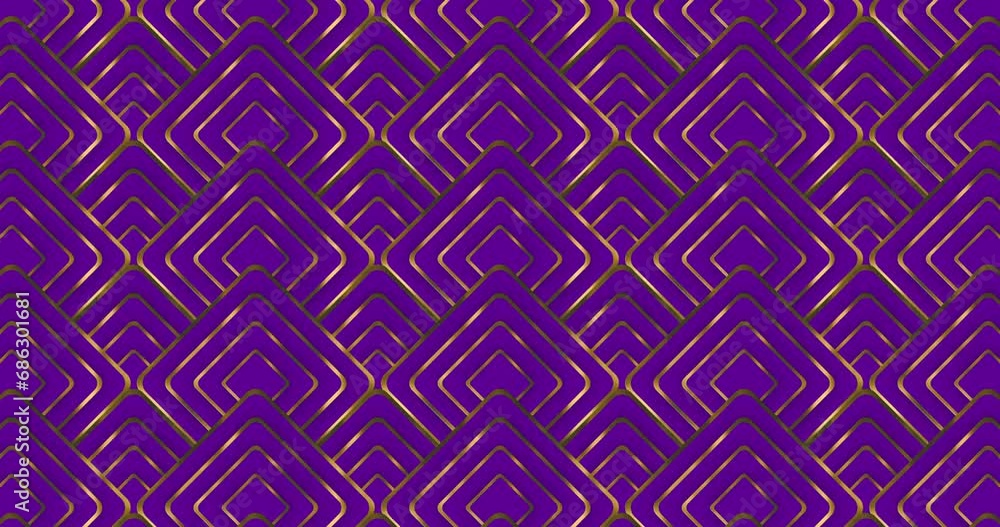Elegant Seamless looped pattern background of shiny outline rings rounded square pattern moving from bottom down to up over purple color background.