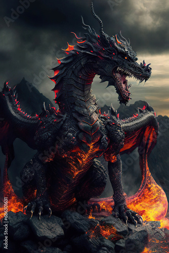 Mighty black infernal dragon on the top of the volcano, dark sky and mountains background, volcanic dragon, dark fantasy, vertical, Year of the Dragon, Generative AI