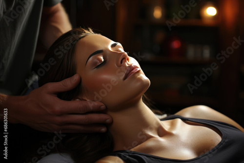 Woman receives a massage of the head or face from a cosmetologist at spa procedures