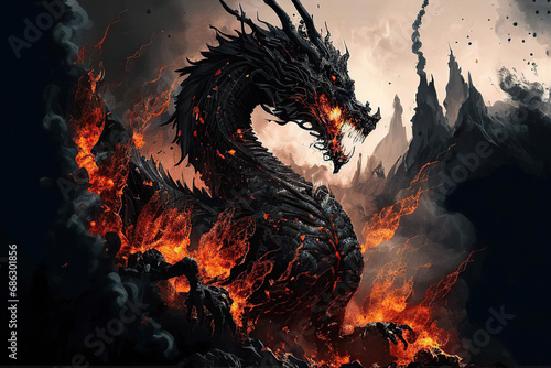 Black infernal dragon on the mountains in flames, volcanic dragon, dark fantasy illustration, Year of the Dragon, Generative AI