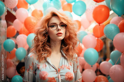 Young woman with glasses among many colorful balloons