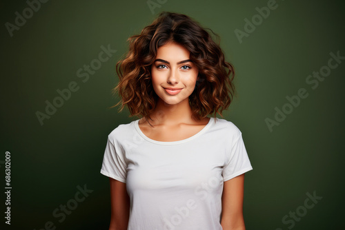 Portrait of a young beautiful happy smiling brunette in a white T-shirt with an empty space for a mockup