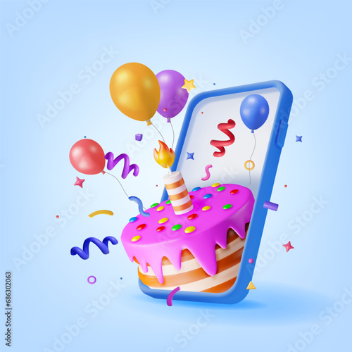 3D Smartphone and Cake with Candle and Confetti. Render Phone with Chocolate Cake Decorated with Glaze Icing. Sweet Party Pie, Online Holiday Anniversary, Celebration Dessert Gift. Vector Illustration