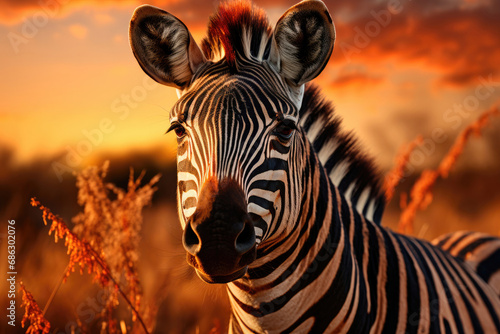 Zebra in its natural habitat at sunset