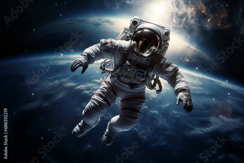 an astronaut in outer space, dressed in a spacesuit, against the background of a planet and nebula
