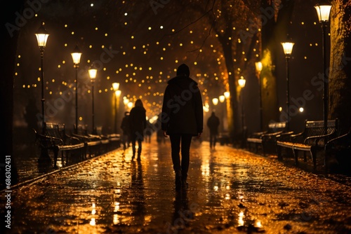 people walking along a path in a rainy city park at night, autumn season, wet, street illumination and lights