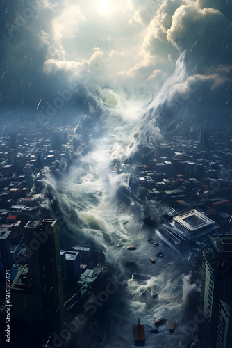 On the night of the apocalypse, a large wave covered the big city with water. A strong storm that destroys everything