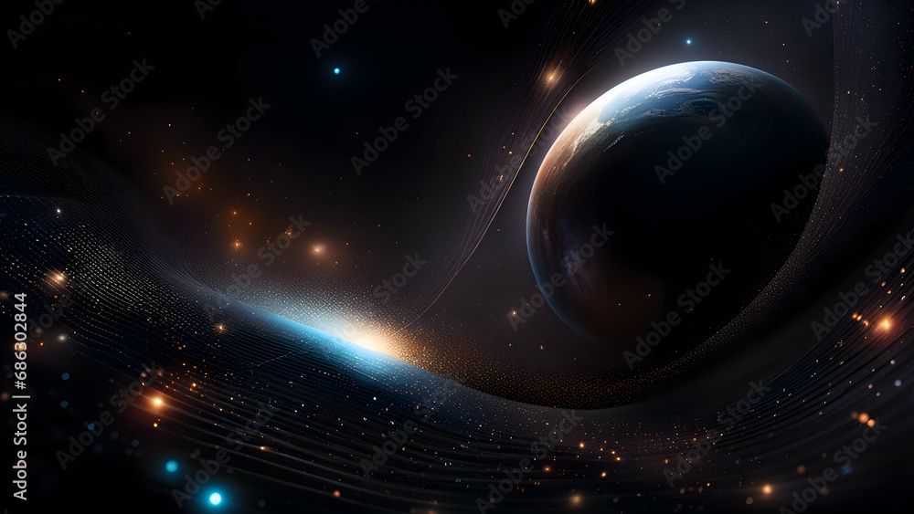 Abstract planet in space with stars and galaxies.