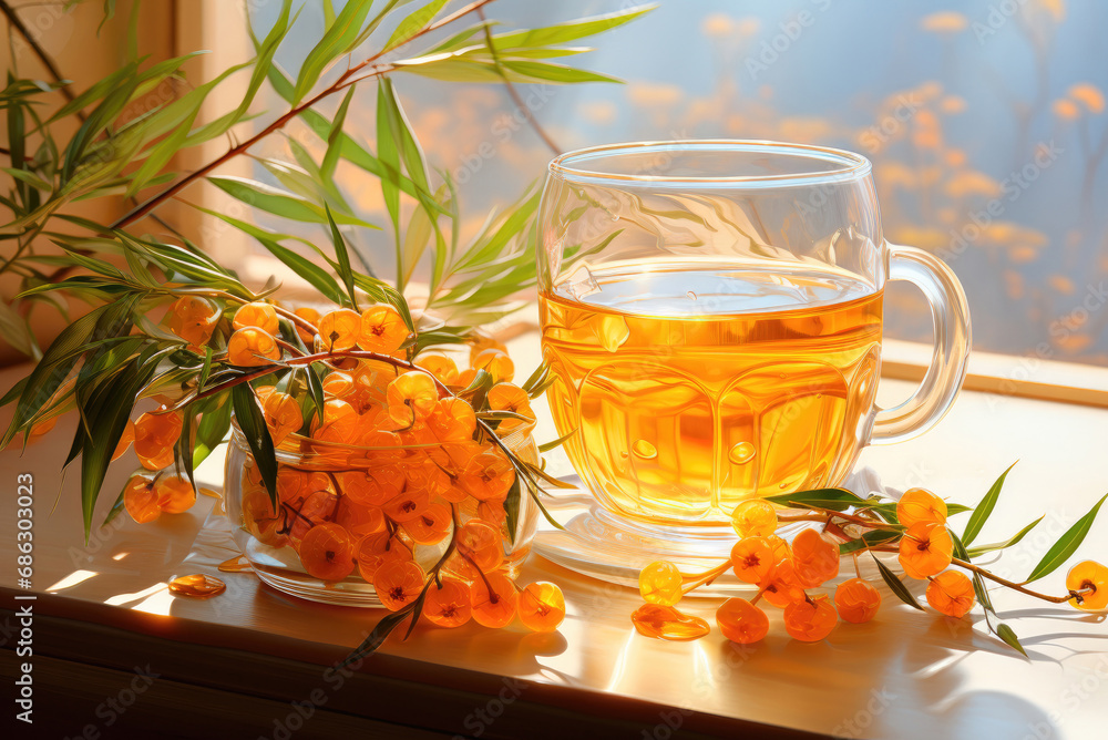 Sea buckthorn tea in a glass cups with fresh sea buckthorn berries. Herbal vitamin tea Sea buckthorn tea in a glass cups with fresh sea buckthorn berries. Herbal vitamin tea