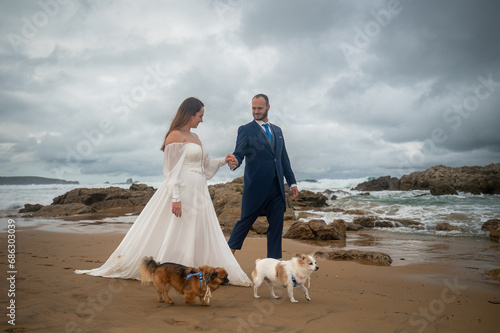 Walking by the Beach with Their Pets