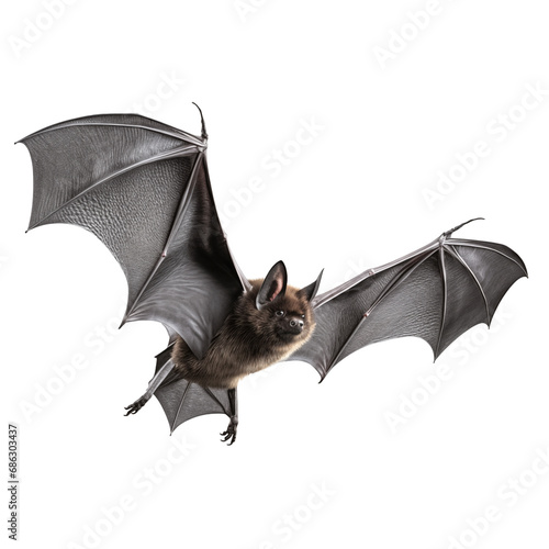 A flying black bat is cut out on a transparent background. Mockup of a bat with spread wings in PNG format for inserting into a design or project.