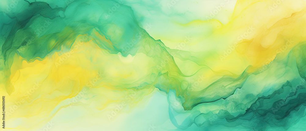 Abstract watercolor paint large brushes background green and yellow and teal blue with liquid fluid texture for background, made with Generative AI