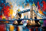 An abstract oil painting that captures the iconic London Tower Bridge in a unique and expressive style. Bold brushstrokes and a vibrant color palette 
