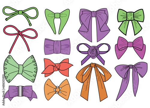 Bow knot and tie ups flat sketch vector illustrator. Set of sash bow knot for dress, waist band and clothing embellishments cad drawing template, Ribbon and satin bow knot drawing
