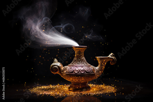 Aladdins mysterious lamp with glowing fire and smoke on a dark magical background