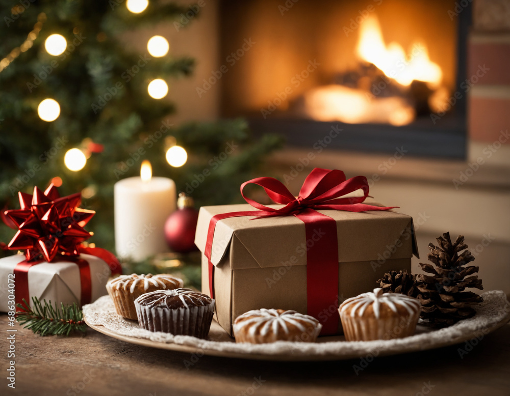 Christmas tree and gifts with cookies and fireplace Christmas tree and gifts with cookies and fireplace