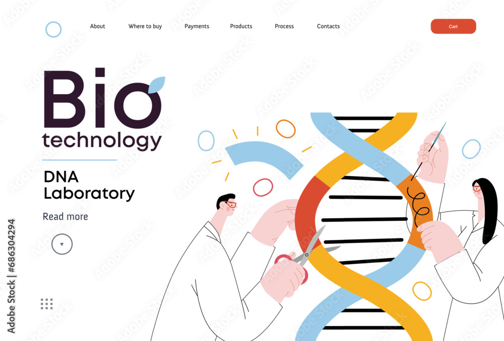Bio Technology, DNA Laboratory -modern vector concept illustration of scientists dissecting DNA double helix, manipulating and rearranging fragments. Metaphor of advancements in agriculture, medicine