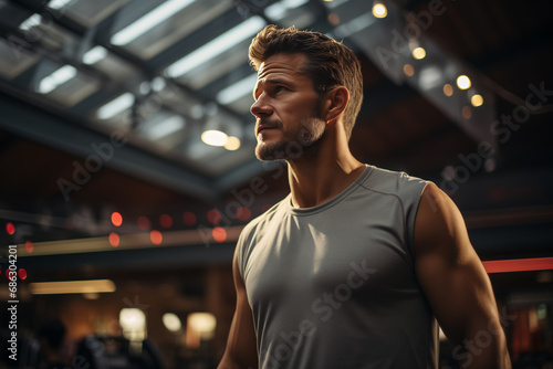 A man with an athletic build is standing at the station, waiting for transport, looking at his watch or electric display.