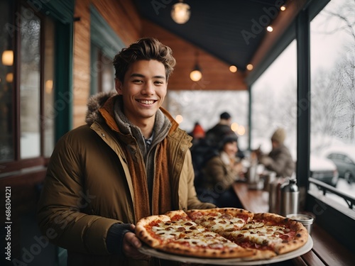 Photo of a happy young man with take-out pizza in his hands for a large group of friends in winter on the veranda of a cafe. Fun winter weekend concept
