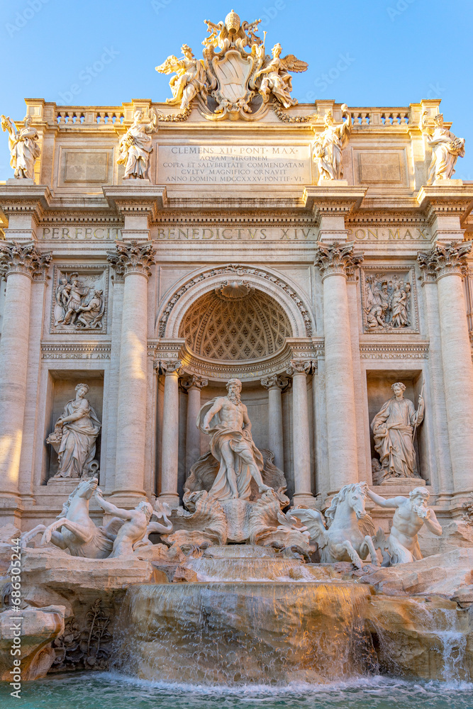 front and center image of the Trevi Fountain. City of Rome, Italy.
